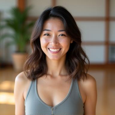 アキ先生のポートレート。穏やかな笑顔で、背景には自然光が差し込むヨガスタジオが見える。