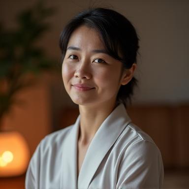 ユイ先生のポートレート。優雅で落ち着いた表情で、ヨガの深い知識と経験を感じさせる。