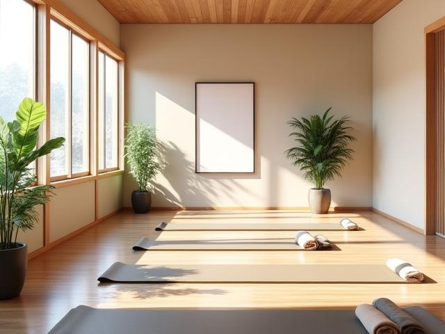 Ryuun Yogaスタジオの内観。木目調の床、自然光が差し込む窓、いくつかのヨガマットが整然と並べられ、静けさの中にも温かみを感じさせる空間です。