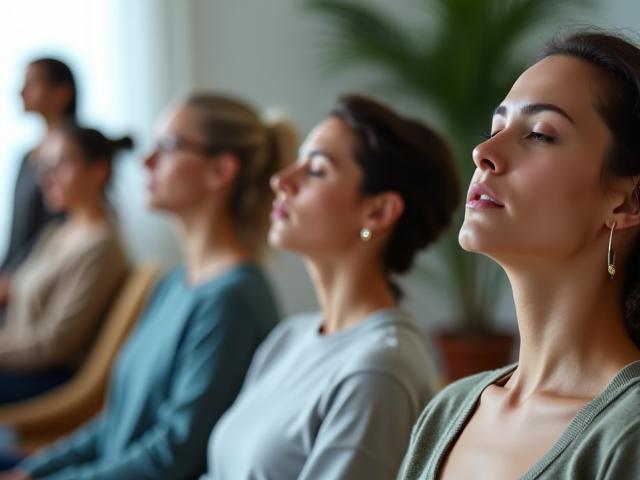 深呼吸の練習をしている穏やかな人々の写真