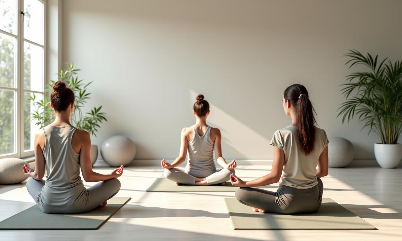 穏やかなヨガスタジオで瞑想する人々の写真