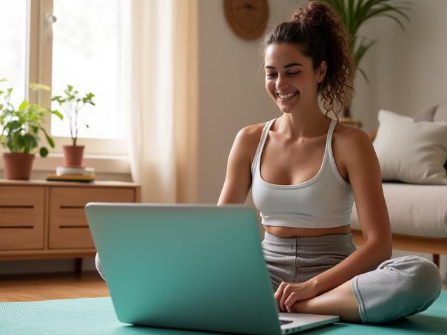 自宅でノートパソコンを使ってオンラインヨガをしている笑顔の女性