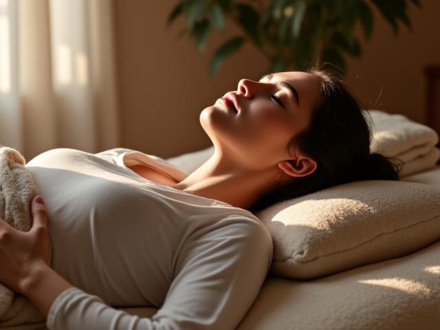 プロップを使用して快適なリストラティブヨガのポーズをとる人