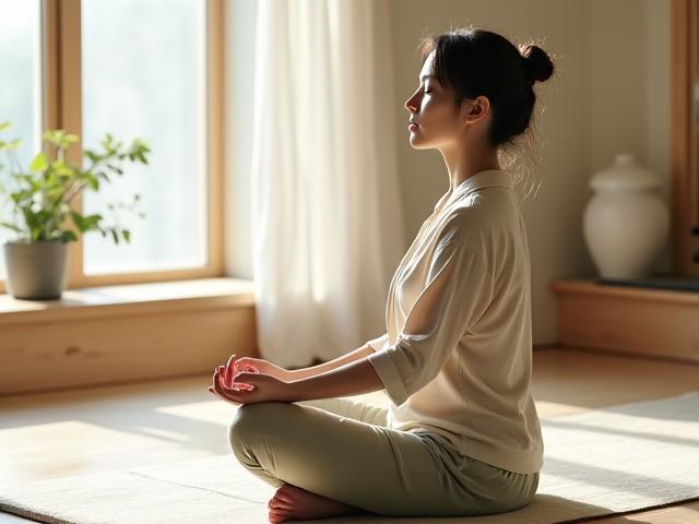 ヨガスタジオで瞑想する穏やかな女性